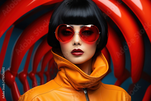 Portrait of fashion asian model, in style of futurism fashion, saturated color.