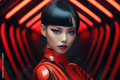 Portrait of fashion asian model  in style of futurism fashion  saturated color.