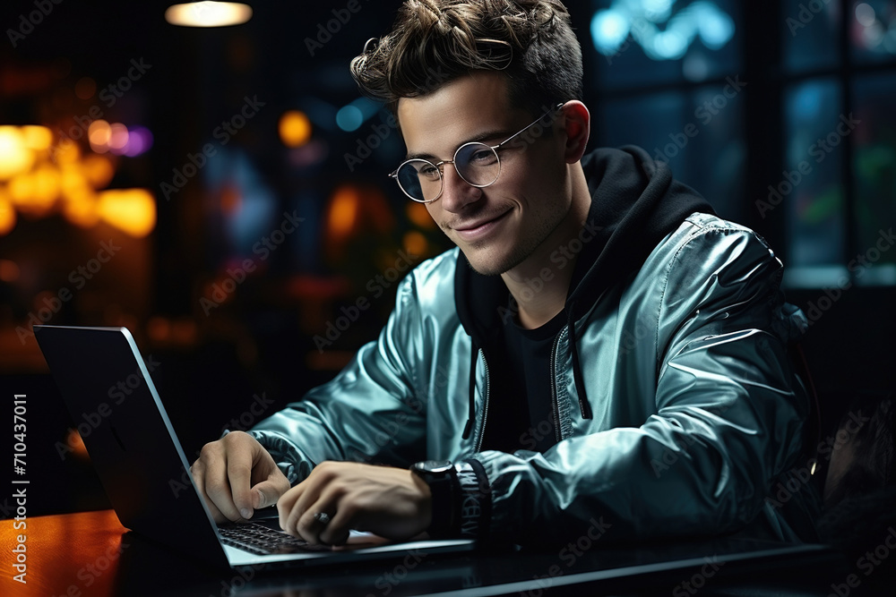 Positive emotions. Man in glasses is sitting by the laptop in dark room with neon lighting. Positive emotions. Man in glasses is sitting by the laptop in dark room with neon lighting.