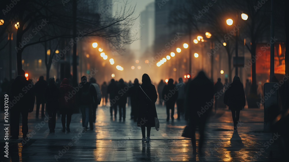 People walk down the street at evening