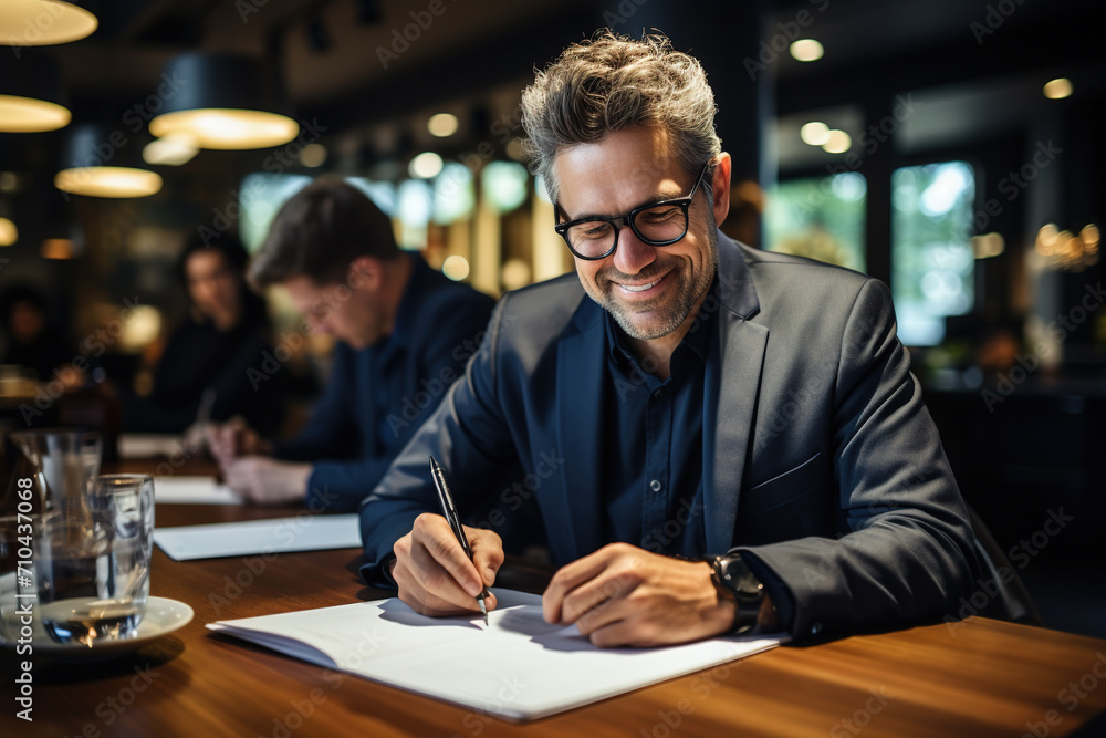 Fototapeta premium Satisfied young man with glasses sitting at a desk and doing paperwork at his workplace.