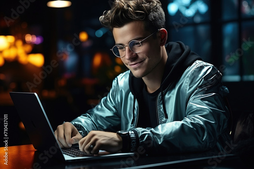 Positive emotions. Man in glasses is sitting by the laptop in dark room with neon lighting.