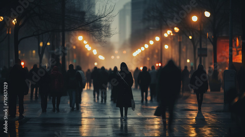 People walk down the street at evening