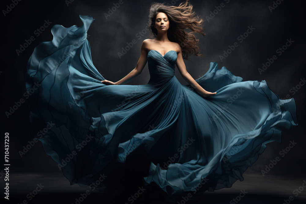 Woman in blue waving dress with flying fabric.