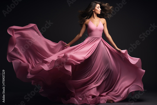 Woman in pink waving dress with flying fabric.