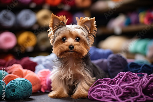 Yorkshire terrier with wool lying around him.