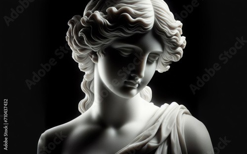 Ancient white marble sculpture head of young woman. Statue of sensual renaissance art era woman antique style. Face isolated on black background