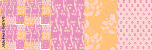 Set of 4 vector floral seamless patterns: the main pattern in the style of a patchwork quilt and 3 companions that are contained in the main pattern.boho style