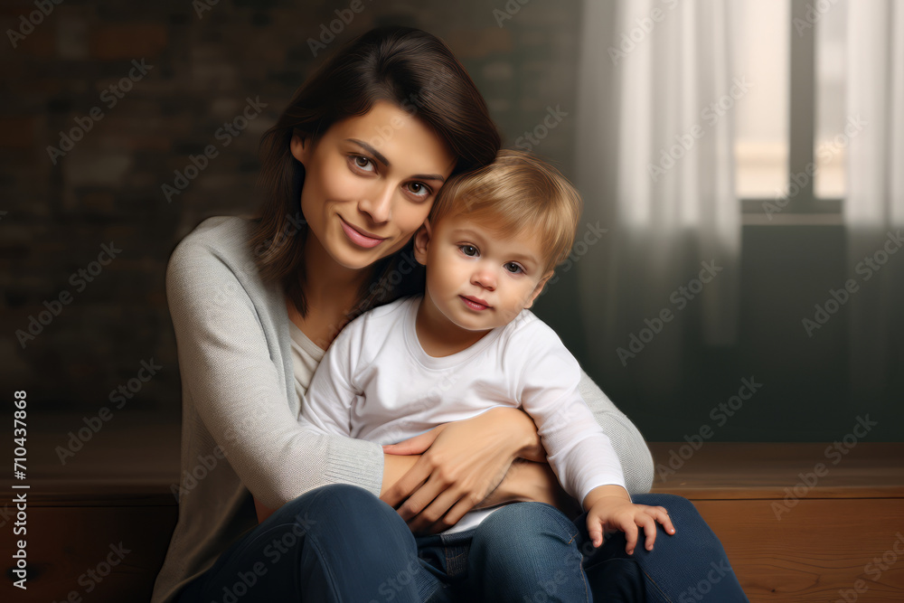 Portrait of happy mother with her little son sitting on sofa at home. Mother Day concept Portrait of happy mother with her little son sitting on sofa at home. Mother Day concept