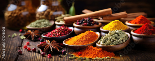 Spices in various colors on wooden table. Spice background on the table, banner
