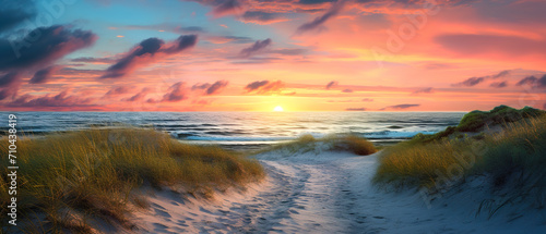 The magic of the beach path in an ultra-wide format  at dawn  a coastal dream feeling
