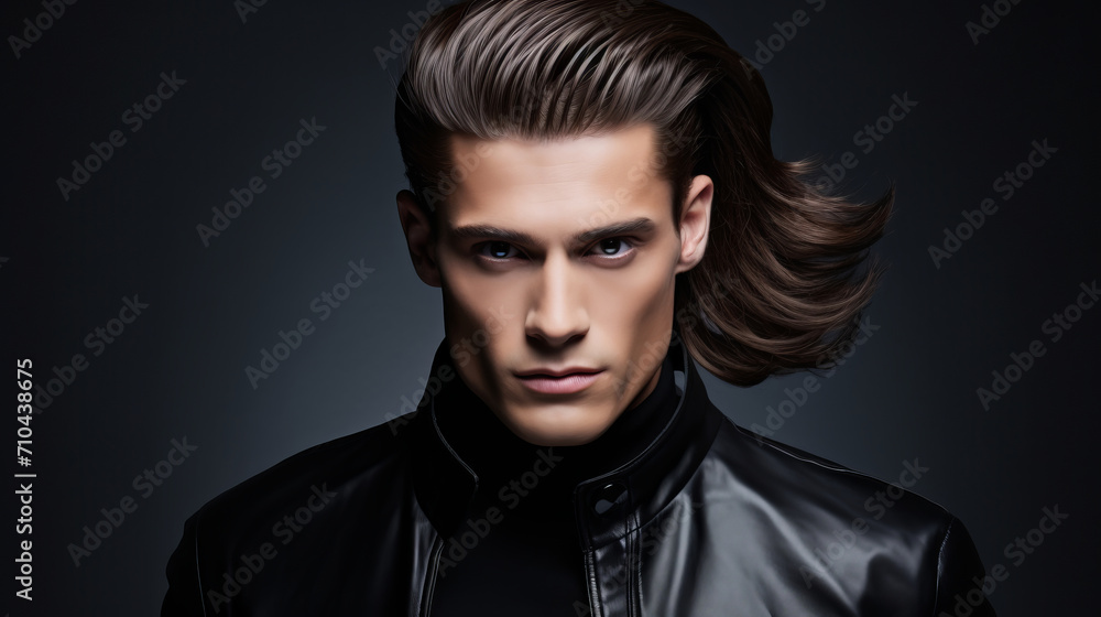 Obraz premium Against dark background. Portrait of model man pop star with stylish hairstyle