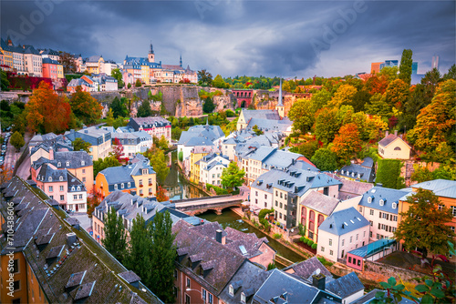 Luxembourg. Grund district on Alzette Valley, aerial view of Luxemburg.