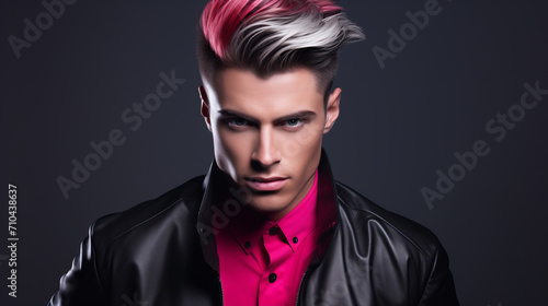 Against dark background. Portrait of model man pop star with stylish hairstyle