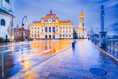 Oradea, Crisana - City Hall rainy day reflection, Transylvania, Romania destination. photo
