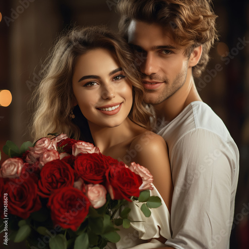 couple in love with a bouquet of roses
