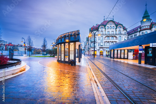 Oradea, Romania - Rainy twilight Union Square - travel in Transylvania. photo