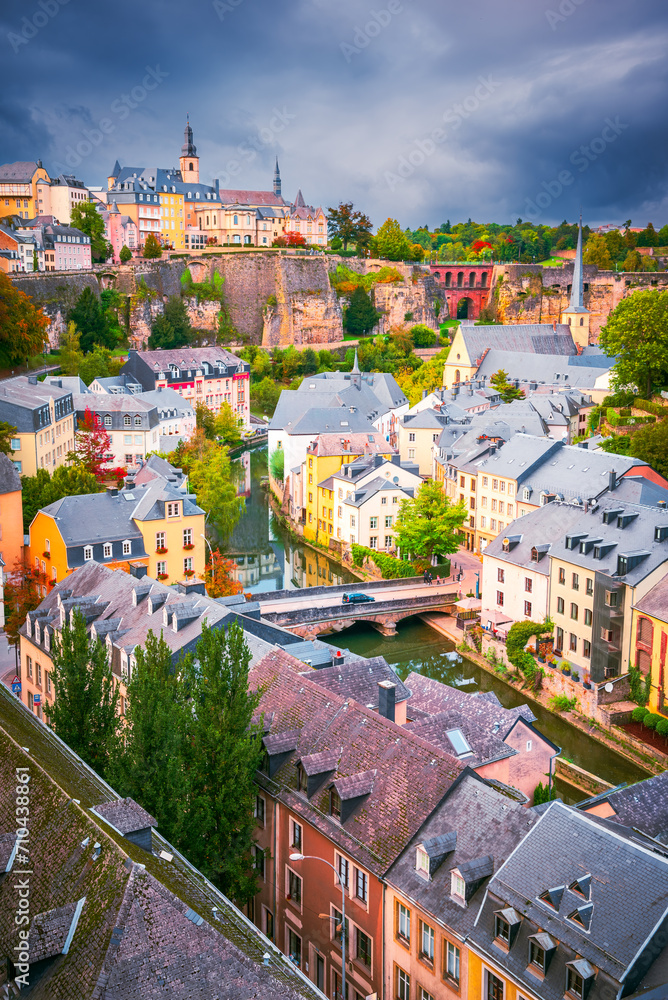 Luxembourg, Luxembourg City. Grund district on Alzette Valley, aerial view.