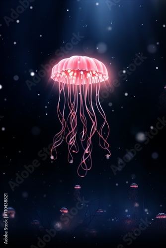 Colorful abstract, pink fuzz jellyfish floating in blue with serene fantasy vertical background
