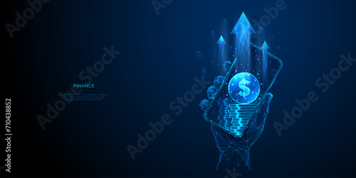 Dollar coin with growth light arrows on a phone screen. Smartphone in a hand. Business, Finance blue background. Digital 3D increases revenue or investment concepts. Money profit. Vector illustration