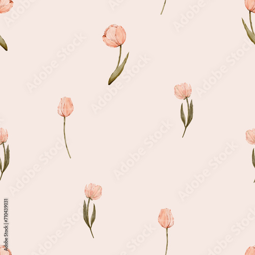Seamless watercolor pattern with pink tulips on pastel background