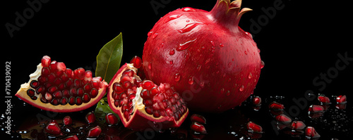 Red pomegranate fruit on black bacgound. copy space for text. photo