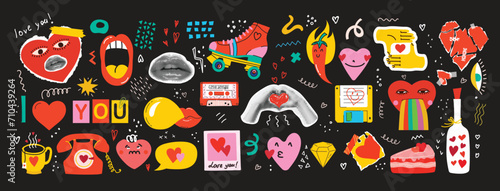 Set of stickers with halftone collage in contemporary punk grunge style for Valentine's day isolated on the background. Fun badges in retro style. Vector pictures of hearts, lips and other