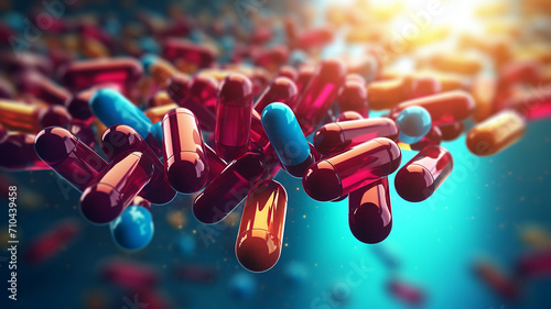 multicolored scattering of tablets capsules of antibiotics. photo