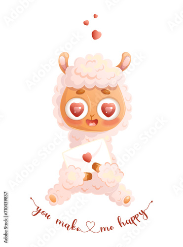 Happy enamored Llama. Cute alpaca animal with hearts ang love letter. Romantic valentine. Vector illustration in cartoon style.