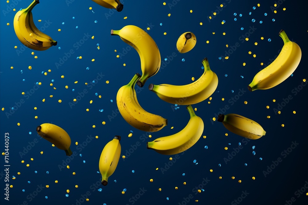 Ripe yellow bananas on a vibrant blue background, simple and colorful fruit abstract
