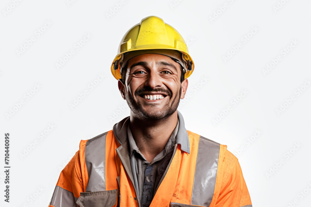 Close-up of a smiling male road worker in uniform, helmet, special clothing, white background isolate. Close-up of a smiling male road worker in uniform, helmet, special clothing, white background isolate.