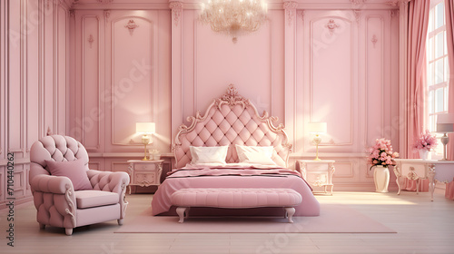 Clean big queen luxurious bedroom with pink aesthetic  background