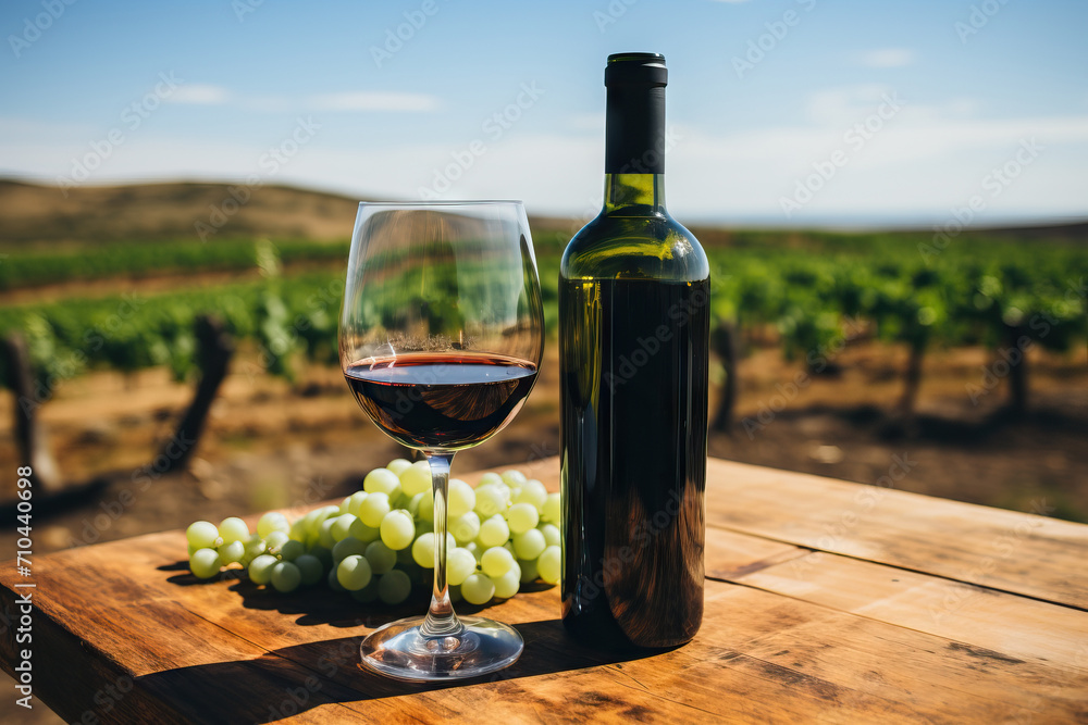 A bottle of red wine with a glass and grapes on a wooden table in a vineyard