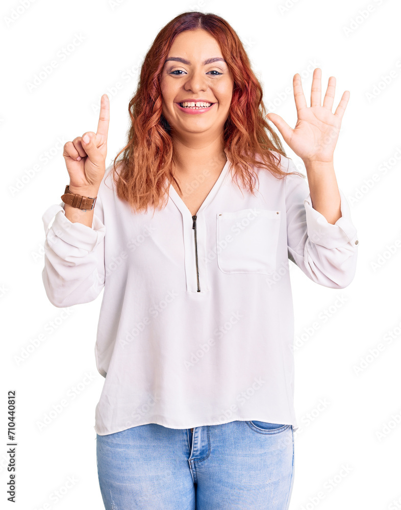 Young latin woman wearing casual clothes showing and pointing up with fingers number six while smiling confident and happy. Young latin woman wearing casual clothes showing and pointing up with fingers number six while smiling confident and happy.