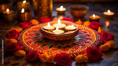 Traditional Diwali celebration deco vibrant rangoli, tea lights, and scattered rose petals copy space banner.