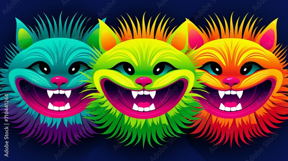 Vibrant neon watercolor background with playful geometric forms and many smiling colorful cats