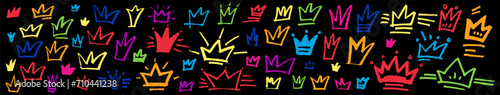 Chalk vector crowns. Colored princess doodles, textured background, hand-drawn on asphalt. Kids king and queen crowns hand drawn on pavement, chalkboard. School childlike grunge sketchy abstract set