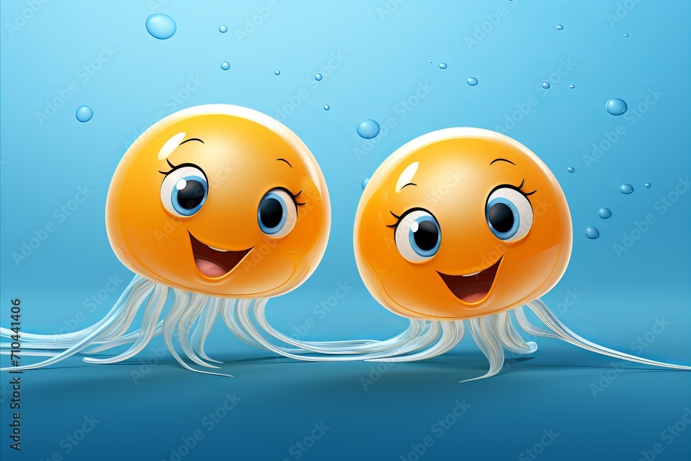 Naklejka premium Two funny smiling fantasy jellyfish on blue solid background, colorful abstract 3d