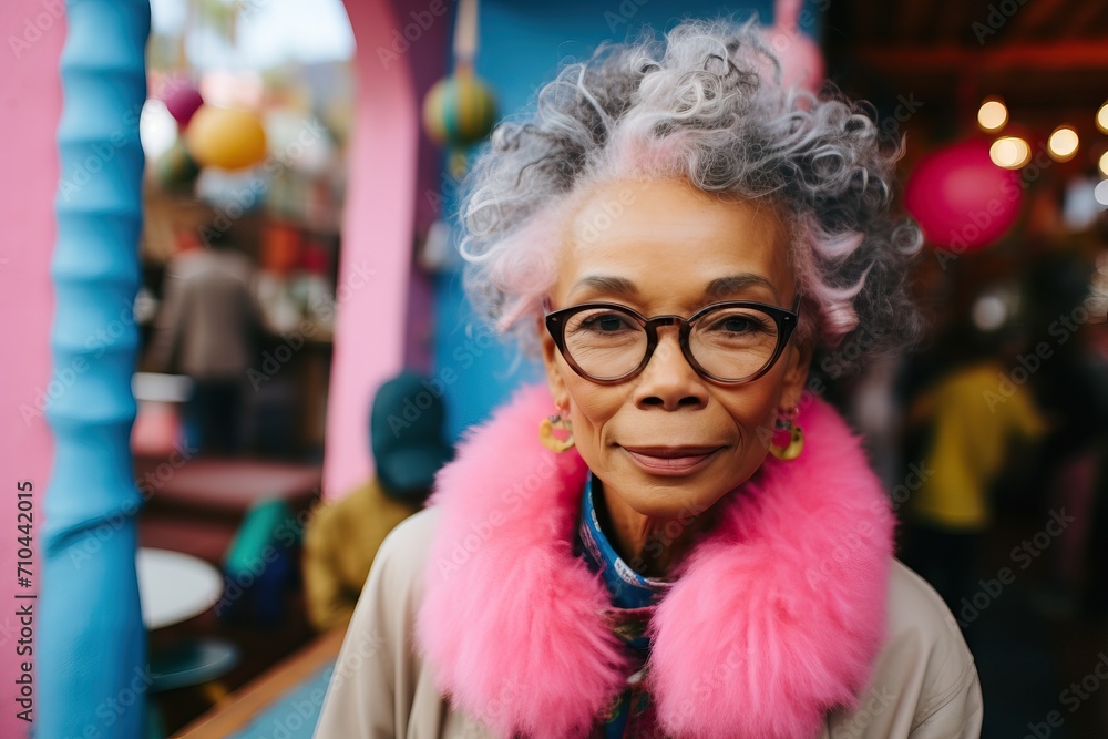 A fashionable elderly woman with gray hair and pink fur collar smiles in a lively market