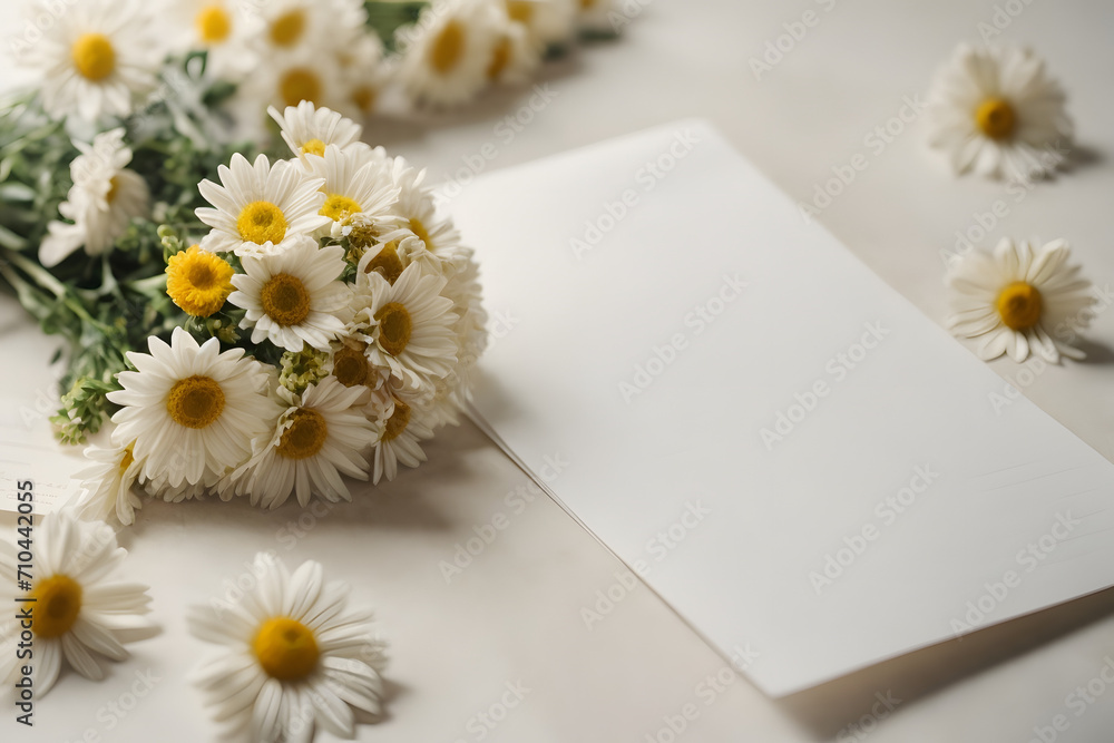 Obraz premium A romantic concept with white daisies and white note paper
