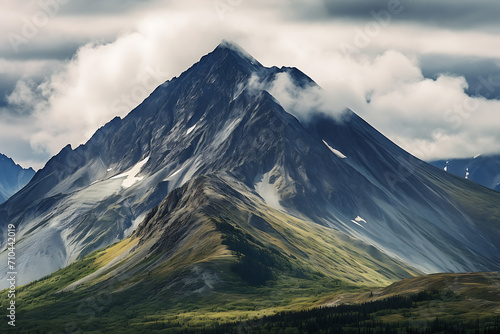 A calming view of mountains and green grass, enveloped by clouds and white mist. Created with Generative AI.