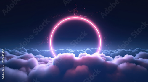 3d render, abstract cloud illuminated with neon light ring on dark night sky.