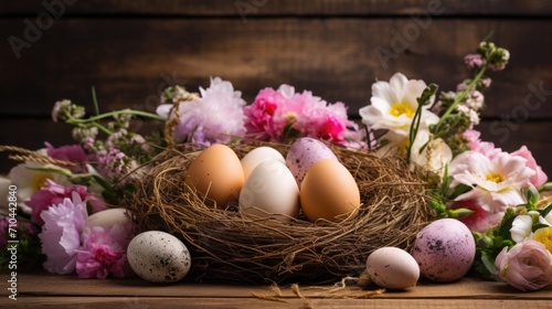 A bunch of eggs sitting on top of a bunch of flowers. Rustic Easter background