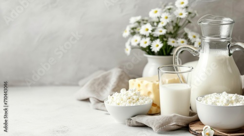 An assortment of dairy products on a light table, various types of cheeses and cottage cheese photo