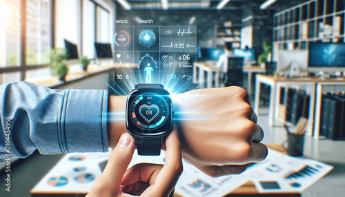3D holographic smartwatch displaying health data . AI Generated photo