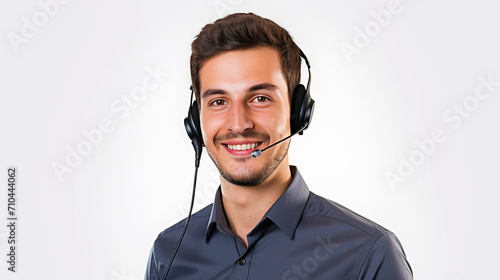 Male customer service representative in headset consulting clients online. Call center agent. Generative AI