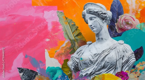 Collage with antique female sculpture and colourful different elements design 