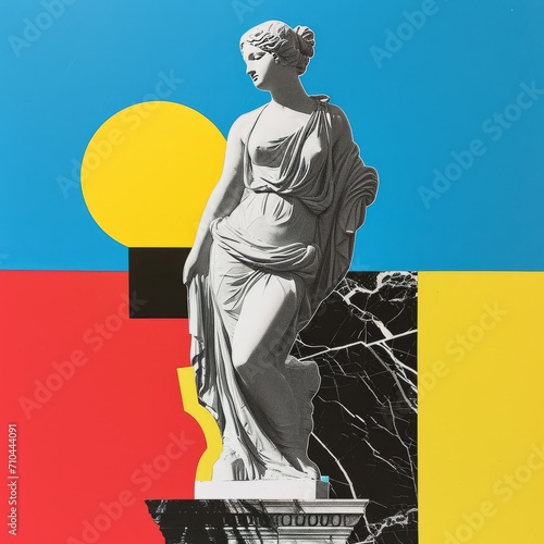 Collage with antique female sculpture and colourful different elements design 