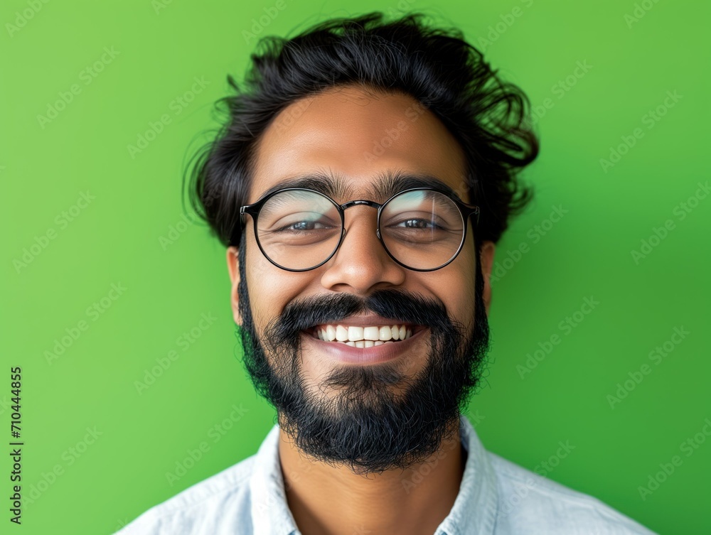 Cheerful Bearded Man with Glasses on Green Background. Generative AI. Cheerful Bearded Man with Glasses on Green Background. Generative AI.