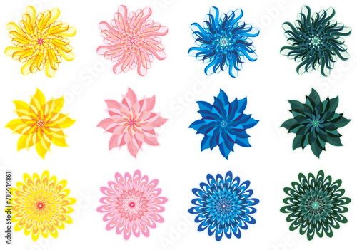 3 types of flowers heraldic style decorative design illustration. Ver.1 (Yellow,pink,blue,green vector color set) © SAIGLOBALNT